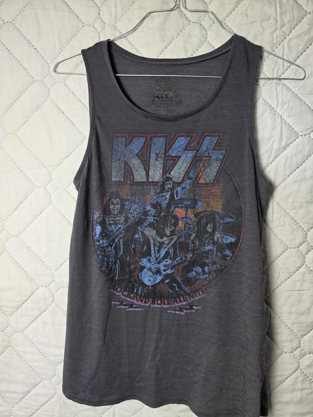 Kiss Gray Graphic Band Tank Blue Red Print Sz XL Gray